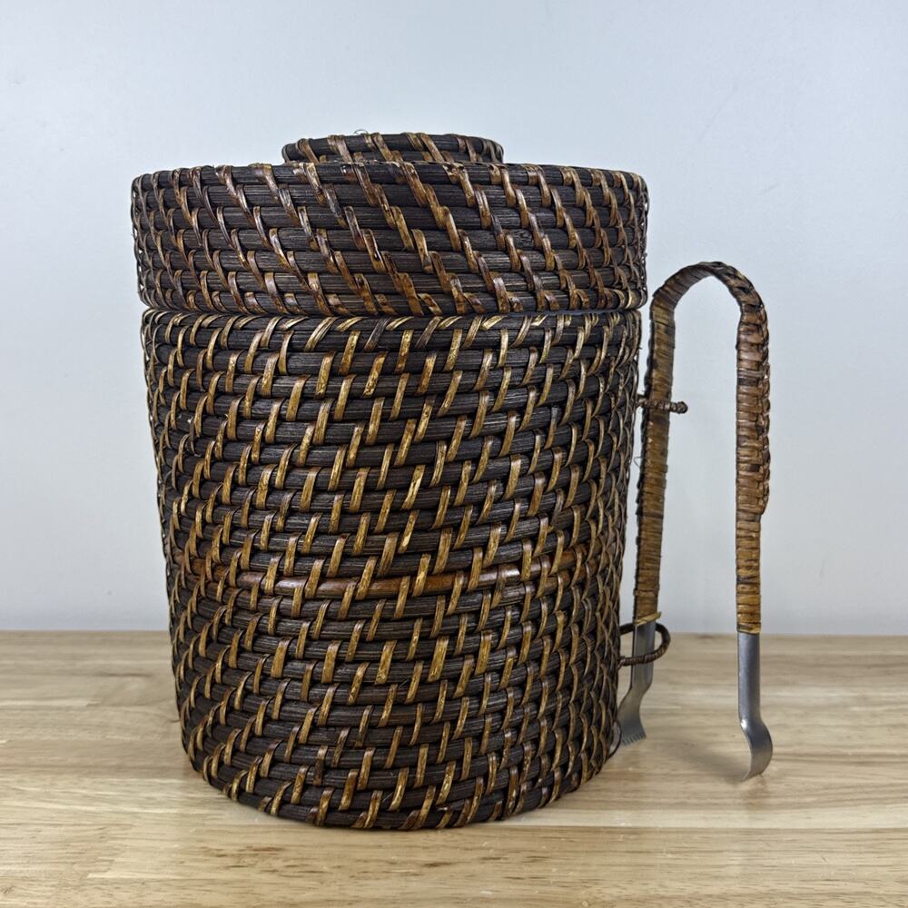 Vintage Wicker Woven Rattan Ice Bucket and Tongs Cocktail Party Barware 9.5”